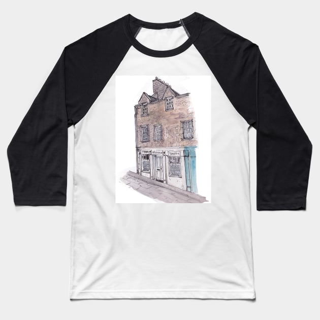 Edinburgh Building Scotland Watercolor Illustration Baseball T-Shirt by Wall-Art-Sketch